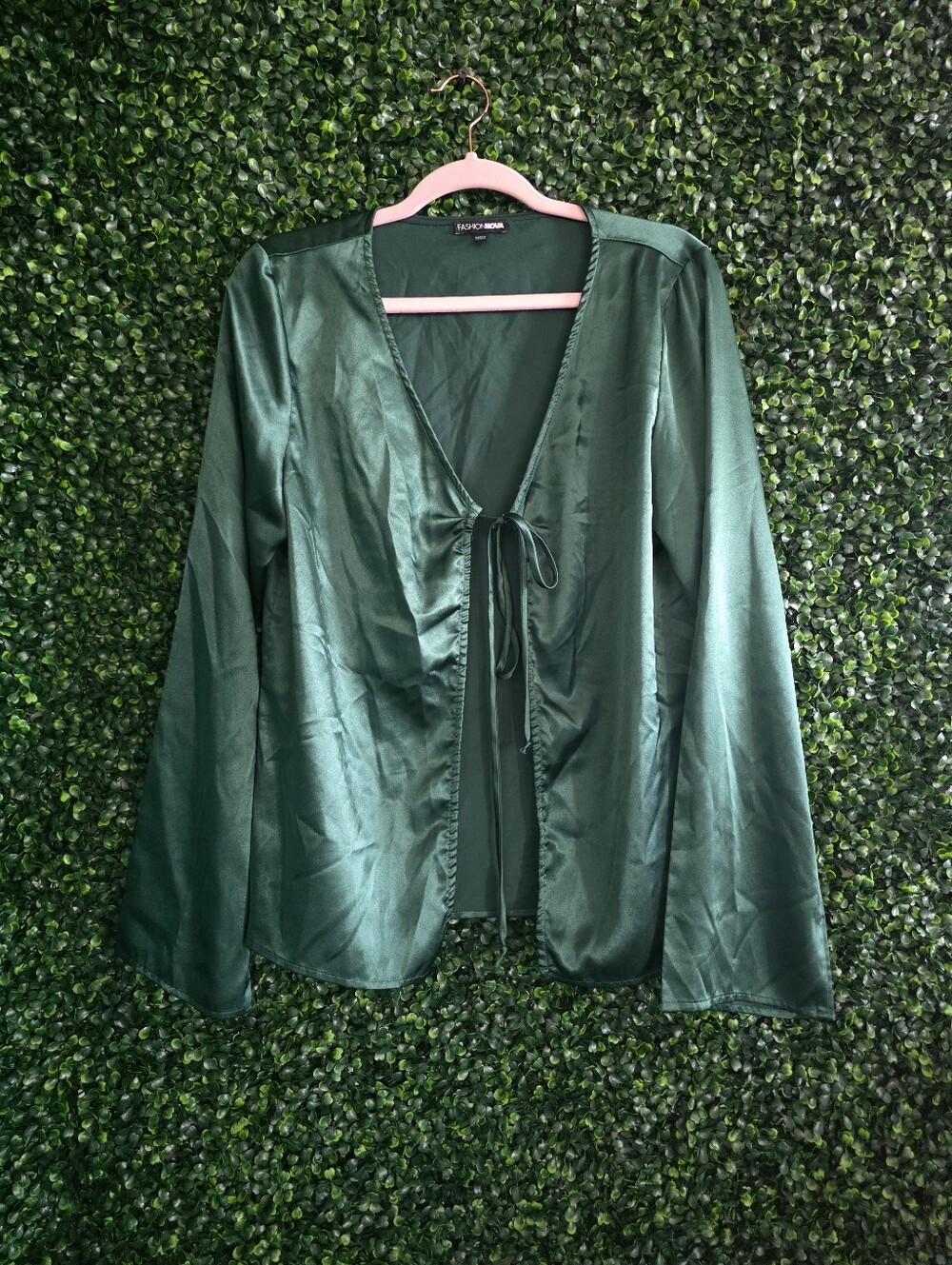 Fashion Nova Emerald Green Satin Tie-Front Jacket Size L
